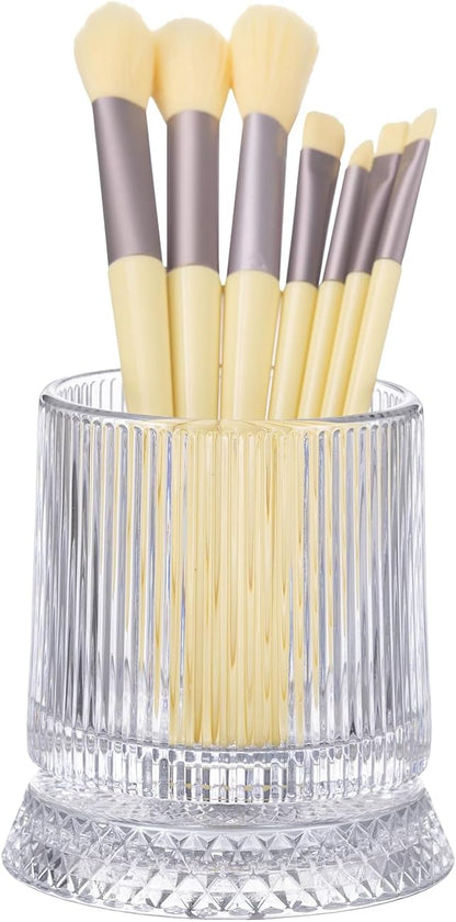 DASITON Makeup Brush Holder Organizer, Crystal Cosmetic Brushes Storage Holder Glass Makeup Organizer, 360° Rotating Make Up Brush Cup for Vanity, Dresser, Bathroom, Pen Pencil Holder for Desk (Clear)