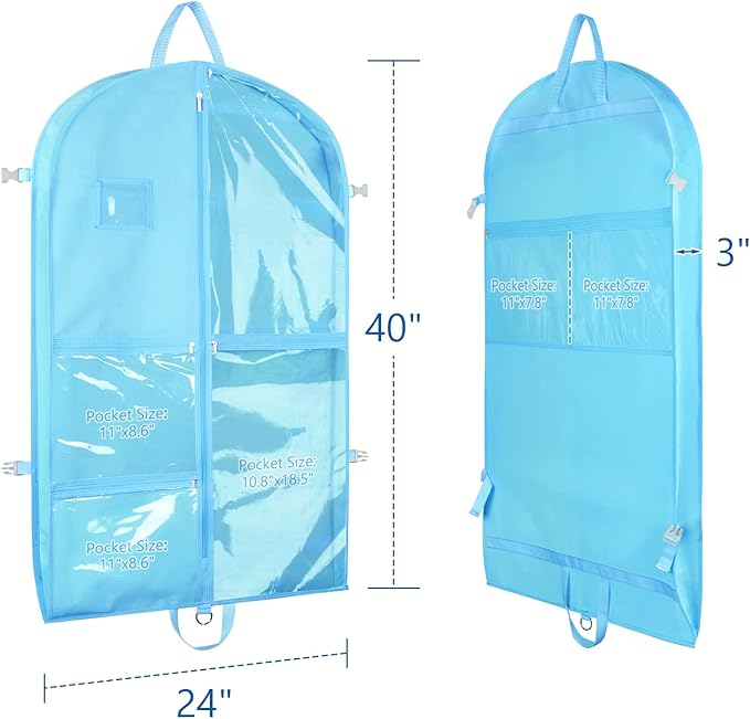 Zilink Clear Dance Costume Bags 40 Inch Garment Bag for Boys Girls with 5 Clear Zipper Pockets for Dance Costumes Closet Storage, Blue