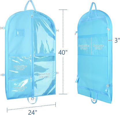 Zilink Clear Dance Costume Bags 40 Inch Garment Bag for Boys Girls with 5 Clear Zipper Pockets for Dance Costumes Closet Storage, Blue