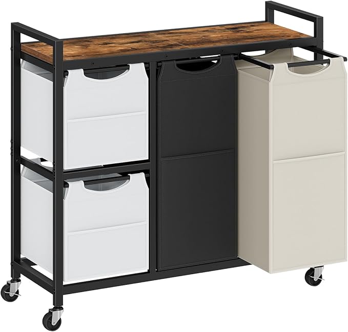 HOOBRO Laundry Sorter with 4 Section, 39 Gal. (147 L) Laundry Hamper with Wheels, Rolling Laundry Basket with Shelf, Pull-Out Detachable Bags, Side Pockets, Rustic Brown, Black and Beige BFE14XY01N1