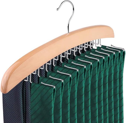 Wooden Tie Hanger,24 Tie Organizer Rack Hanger Holder Hook (Beige, 24 Hooks)