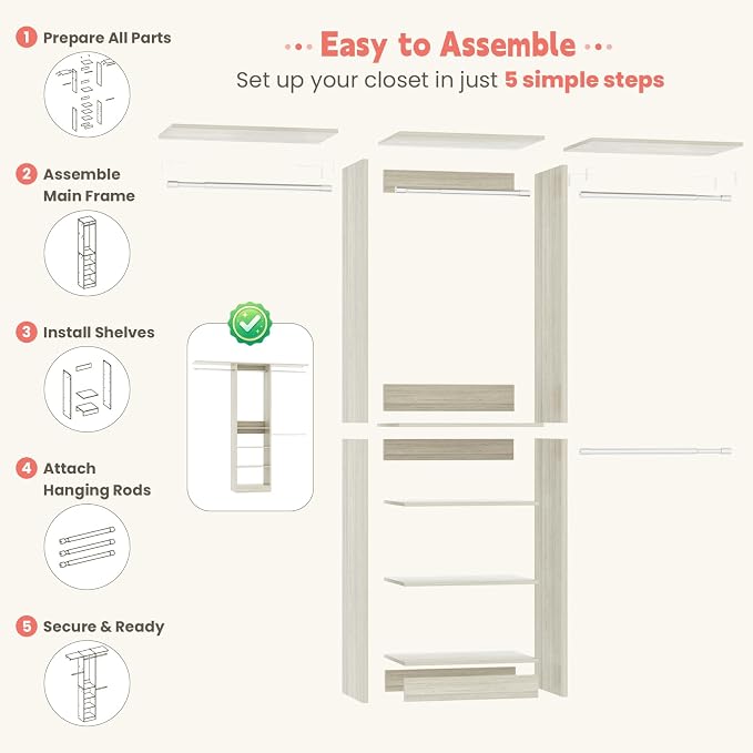 iSunirm 48" Small Closet System, Space-Saving Wall-Mounted Wardrobe Organizer, Mini Garment Rack for Narrow Spaces, Morning Outfit Prep Station & Nursery Dress-up Storage, White Oak