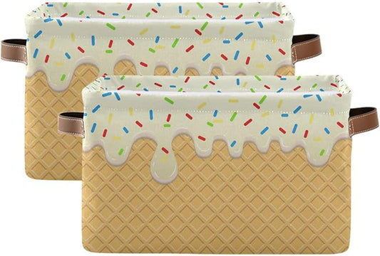 Ice Cream Texture Storage Basket Bin, Large Cube Storage Box Canvas Collapsible Storage Organizer for Home Office Closet - 15 L x 11 W x 9.5 H
