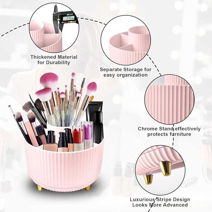 WILL OAK Makeup Brush Organiser - Large Compartment Cosmetic Organizer -Eyeliner, Nail Polish, Art Supply, Bathroom Vanity Desktop Organizer (Pink)