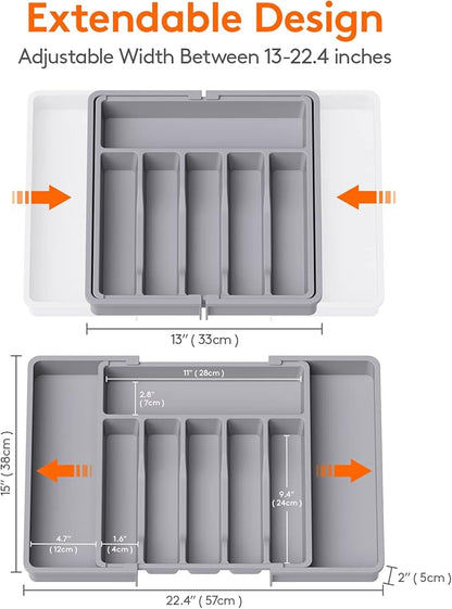 Lifewit Silverware Drawer Organizer, Expandable Utensil Tray for Kitchen, BPA Free Flatware and Cutlery Holder, Adjustable Plastic Storage for Spoons Forks Knives, 13-22 x 15", Grey