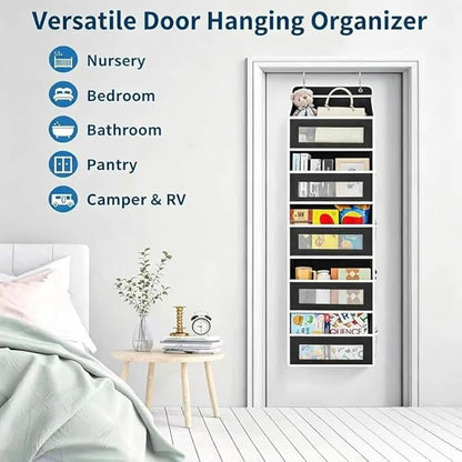 5-layer large capacity storage bag on the door, with 5 side pockets and transparent mesh visible design. The hard bottom plate is not easily deformed, and hooks and screws can be hung (black)