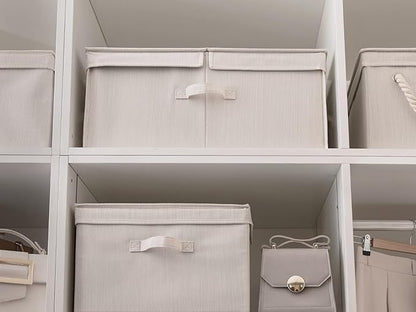 StorageWorks Extra Large Storage Bins with Lids, 55L Decorative Storage Bins with Double-Open Lid and Divider Board, Fabric Bins with Handles, Mixing of Beige, White & Ivory, 2-Pack