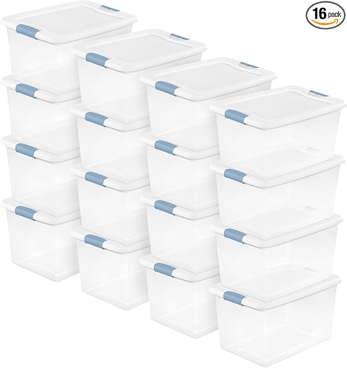 Sterilite 16-Pack Latching Box, Clear Plastic Under Bed Storage Bins with Lids, 64 Quart - Large Stackable Tote Organizer Containers for Closet, Bedroom, Bathroom, and Office Organization