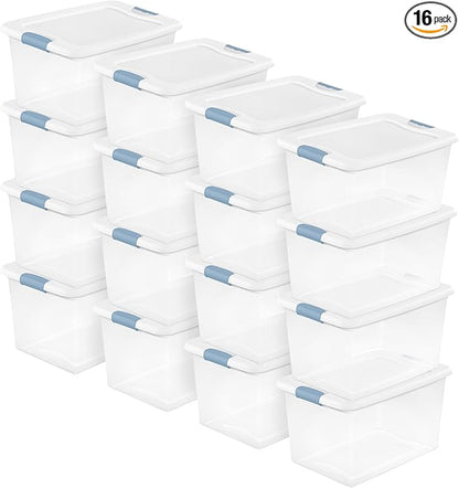 Sterilite 16-Pack Latching Box, Clear Plastic Under Bed Storage Bins with Lids, 64 Quart - Large Stackable Tote Organizer Containers for Closet, Bedroom, Bathroom, and Office Organization