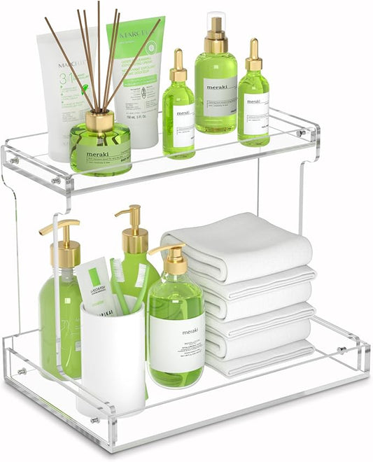 NPPLUS Bathroom Countertop Organizer, 2-Tier Clear Acrylic Counter Storage Shelf for Bathroom Counter Organizer, Clear Makeup Storage Vanity Trays for Cabinet, Kitchen Spice Rack