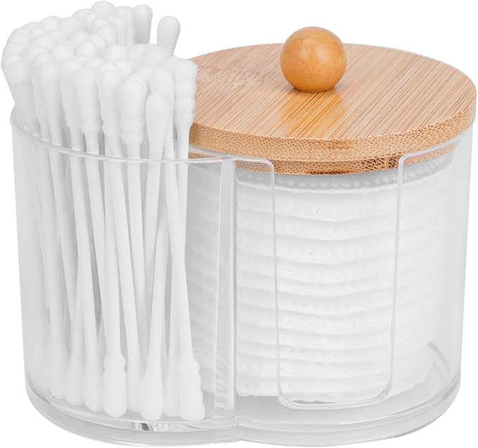 Adorila Compact Cotton Pad & Swab Holder with Bamboo Lid, Dust-Free Space-Saving Bathroom Vanity Organizer for Floss (Clear)