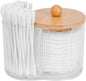 Adorila Compact Cotton Pad & Swab Holder with Bamboo Lid, Dust-Free Space-Saving Bathroom Vanity Organizer for Floss (Clear)