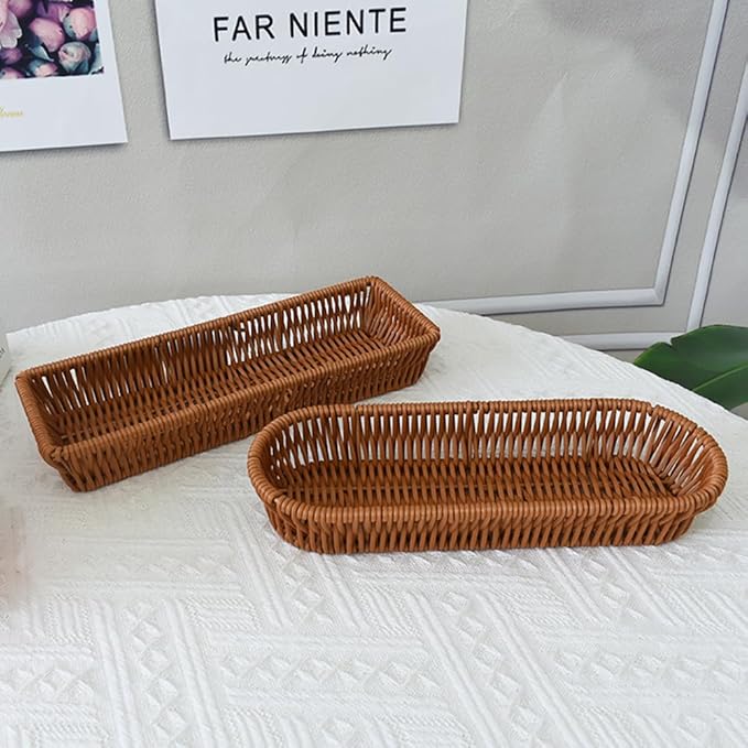 Storage Basket Small, 2 Pack Silverware Organizer Basket, Flatware Organizer for Drawer, Small Narrow Bread Baskets, Stackable Wicker Storage Baskets for Spoons Forks Knives Stationery (Rectangle)