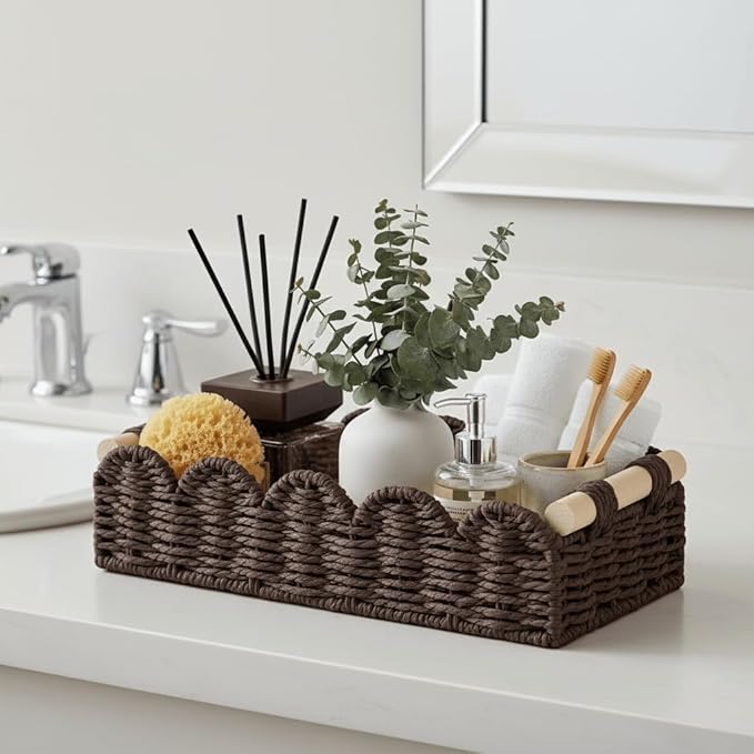 CubesLand Toilet Paper Storage Basket Organizer, Small Wicker Toilet Tank Top Decorative Baskets for Countertop, Handwoven Scalloped Basket w/handle for Home Decor, Living Room, Bedroom, Brown