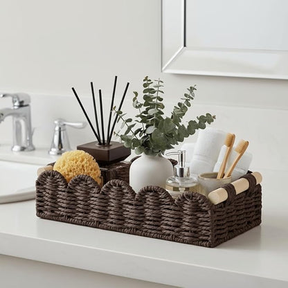 CubesLand Toilet Paper Storage Basket Organizer, Small Wicker Toilet Tank Top Decorative Baskets for Countertop, Handwoven Scalloped Basket w/handle for Home Decor, Living Room, Bedroom, Brown