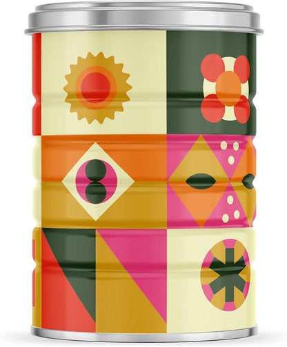 Retro Tin Can, Studio MPLS Designs, Collectable, Peel & Stick Valved End with Metal Lid, 8-12oz (4.0625 x 5.5 in) (Retro Block Design)