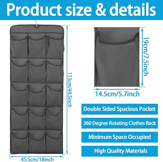3Pcs 30 Large Pockets Dual Sided Hanging Shoe Organizer Double-Side Closet Storage Shelves with Rotating Hanger Space Saving Storage Bag Portable Shoe Rack Holder for Bedroom Laundry Room,Black
