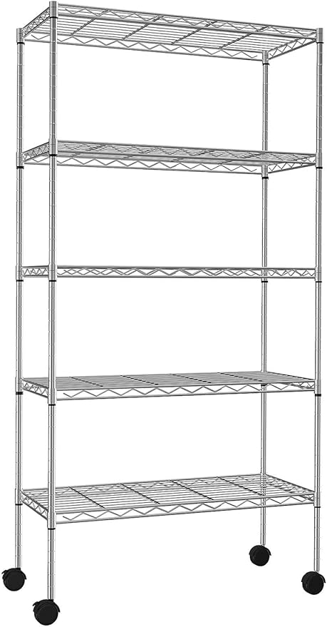 5-Tier Wire Shelves 61" H x 30" x 14" Metal Storage Shelves Adjustable Wire Shelving Rack with Wheels & Leveling Feet NSF Metal Shelf Unit for Kitchen Pantry, 1200Lb Capacity, Chrome