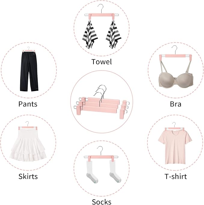 10 Pack Skirt Hangers, PantsHangers with Clips，360 ° Swivel Hooks Space Saving Hangers for Pants, Skirts, Clothes, Jeans，Pink