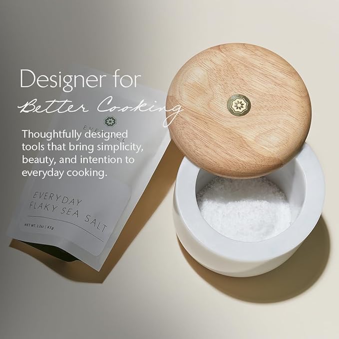 Evermill Salt Cellar (Salt Well) – Premium Marble or Concrete Container with Wooden Lid – Easy Access Kitchen Salt Box with Magnetic Swivel Lid – Includes Sea Salt (Marble with Oak)