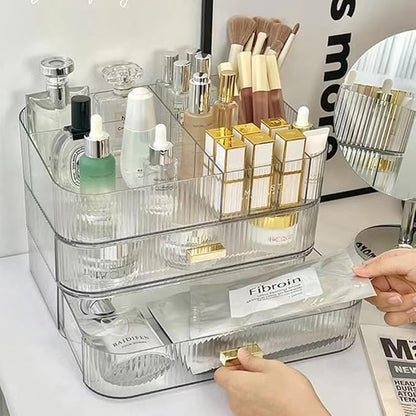 Makeup Organizer with Stackable Drawers, Bathroom Vanity Organizers and Storage, Ideal for Desk and Dresser Countertops, Great for Cosmetics, skincare, Lipsticks, Nail Care -Clear