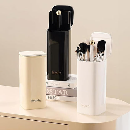 Makeup Brush Holder with Lid, Push Pop-Up Makeup Brush Organizer,4 Slots Makeup Cosmetics Organizerfor Vanity Decor, Bathroom Countertop ,Large Capcity, Dustproof,Waterproof | White and Gold
