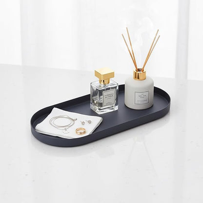 Bathroom Countertop Organizer, 11.8" x 5" Metal Bathroom Tray, Oval Decorative Tray Vanity Tray with Suede Bottom, Perfume Organizer & Jewelry Storage for Spa, Bedroom, Kitchen (Black)