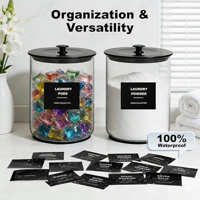 2 Pack 1 Gallon Glass Laundry Detergent Dispenser for Powder, 4L Large Laundry Pods Holder with Hygienic Plastic Lids & Metal Rim, Airtight Glass Canister Set with Scoops & Labels, Black