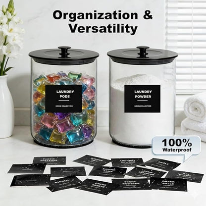 2 Pack 1 Gallon Glass Laundry Detergent Dispenser for Powder, 4L Large Laundry Pods Holder with Hygienic Plastic Lids & Metal Rim, Airtight Glass Canister Set with Scoops & Labels, Black