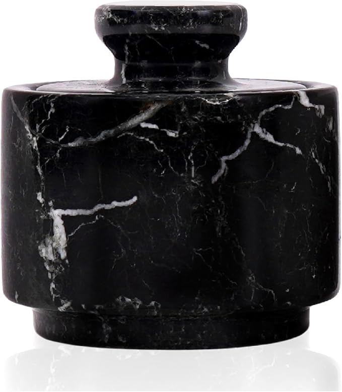 MARBLOUS KRAFTS Marble Salt Cellar 3" Inch Black Zebra Stone Salt Dish, Sugar, Seasoning Salt Containers for Countertop, Modern Salt Holder with Lid, Kitchen Spice Jar, Perfect Mother’s Day Gift