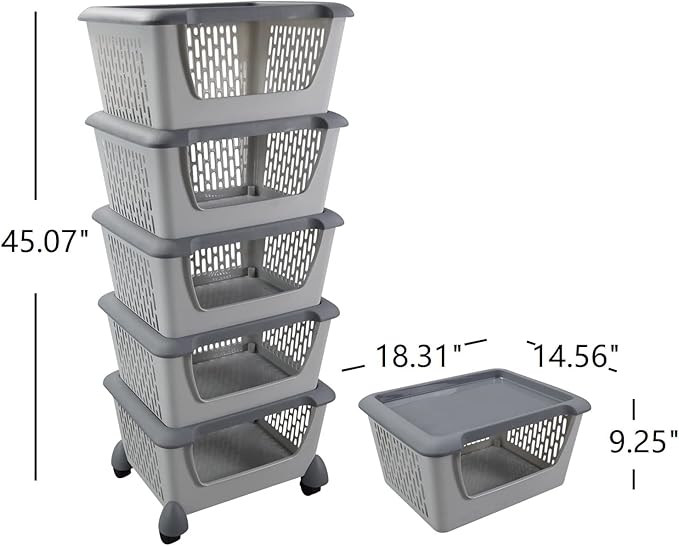 Farmoon 5 Pack Plastic Stackable Storage Baskets, Grey Plastic Stacking Baskets with Wheels