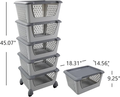 Farmoon 5 Pack Plastic Stackable Storage Baskets, Grey Plastic Stacking Baskets with Wheels