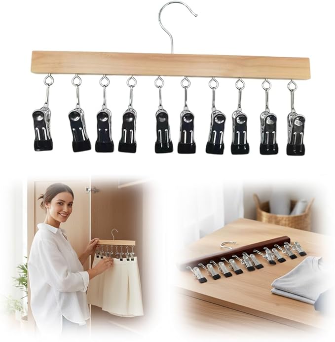 Legging Organizer for Closet, 2026 New Pants Hangers with 10 Clips, Space-Saving Clothes and Hat Storage Hook, Hanging Closet Organizer Hanger Clips for Skirts, Shorts, Trousers, Socks (Wood)