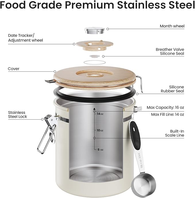 Veken Coffee Canister, Airtight Stainless Steel Kitchen Food Storage Container with Date Tracker and Scoop for Beans, Grounds, Tea, Flour, Cereal, Sugar, Cookie, 16OZ, Cream