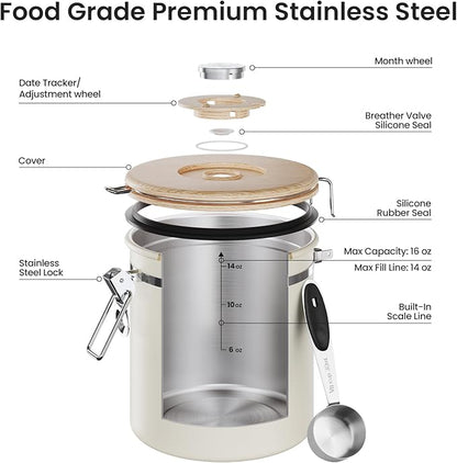Veken Coffee Canister, Airtight Stainless Steel Kitchen Food Storage Container with Date Tracker and Scoop for Beans, Grounds, Tea, Flour, Cereal, Sugar, Cookie, 16OZ, Cream