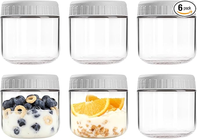 Overnight Oats Containers with Lids, 10oz Wide Mouth Mason Jars with Lids, 6 Pack Glass Jars with Airtight lid for Chia Pudding Yogurt Salad, Meal Prer Oatmeal Jars, Gray