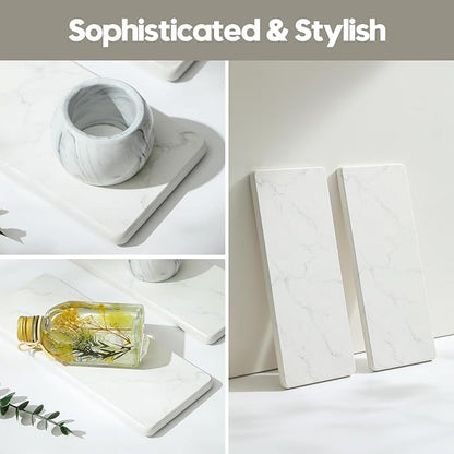 2PCS Water Absorbing Stone Drying Tray for Kitchen Counter & Bathroom Sink, Diatomite Faucet Splash Guard, Soap Dispenser Rack & Sponge Holder Caddy Organizer, Marble White (Printed Pattern), 9"x 3.5"