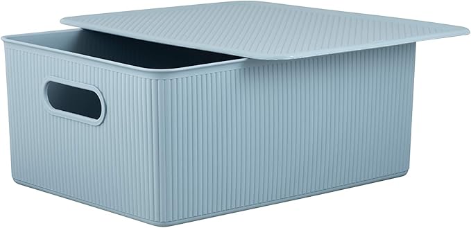 Superio Ribbed Collection - Decorative Plastic Basket Open Home Storage Bins Organizer, Blue Container Boxes for Organizing Closet Storage Bins for Shelves (Bin with Lid- Large (15 Liter), 1 Pack)