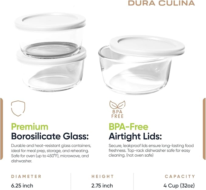 6-Piece Glass Food Storage Containers Set (3 Containers + 3 BPA-Free Lids) | 4-Cup, Leakproof | Microwave, Freezer, Oven & Dishwasher Safe | Ideal for Meal Prep & Pantry Organization, White