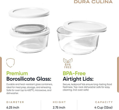 6-Piece Glass Food Storage Containers Set (3 Containers + 3 BPA-Free Lids) | 4-Cup, Leakproof | Microwave, Freezer, Oven & Dishwasher Safe | Ideal for Meal Prep & Pantry Organization, White