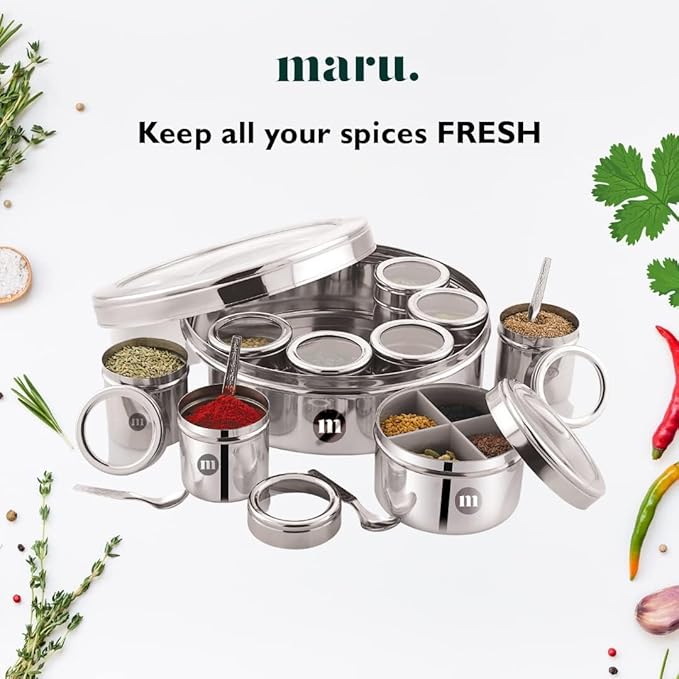 MARU 12 IN 1 Stainless Steel Indian Masala Box with See Through Lids, Elegant Spice box, Masala Dabba with 9 Spice Containers & 4 spoons for Kitchen Rack Organizer, Spice Storage Container for Kitchen
