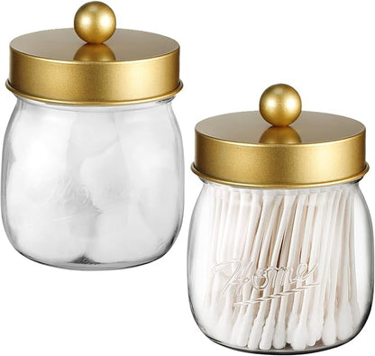 Farmhouse Decor Apothecary Jar Set, Mason Jar Bathroom Vanity Storage Organizer Canister-Qtip Holder Plastic Acrylic Jar for Cotton Swabs, Cotton Pad, Floss Pick, Paper Clips, Hair Clip (2 Pack, Gold)
