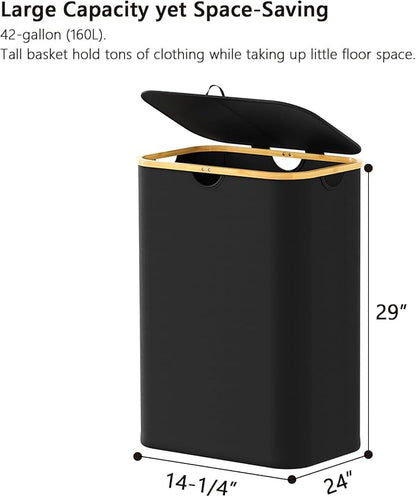 SpaceAid Double Laundry Hamper 2 Section with Lid and Removable Laundry Bags, 160L Clothes Basket with Bamboo Handles, Large Collapsible Hamper for Bedroom, Bathroom, Dorm, Laundry Room - Black