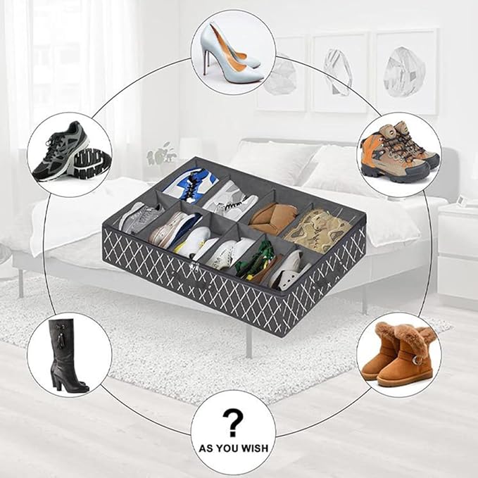 NUOBESTY Foldable Shoes Storage Box with Zipper and Window Large Capacity Non-woven Underbed Shoe Organizer Black Cross Pattern Reusable for Home Closet Storage