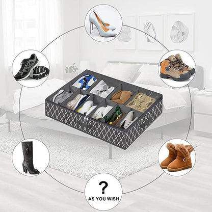 NUOBESTY Foldable Shoes Storage Box with Zipper and Window Large Capacity Non-woven Underbed Shoe Organizer Black Cross Pattern Reusable for Home Closet Storage
