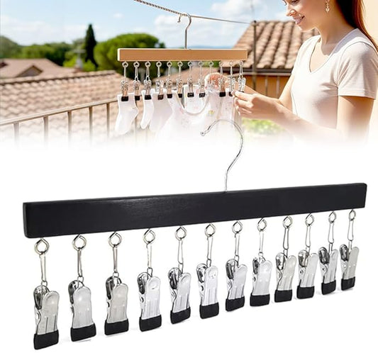 Closet Organizer with 12 Clips, 2026 Upgrade Space Saving Hanging Closet Organizer, Space-Saving Hat Scarf Clothespins for Jeans Skirts Socks Pant Hangers with Clips (Black)