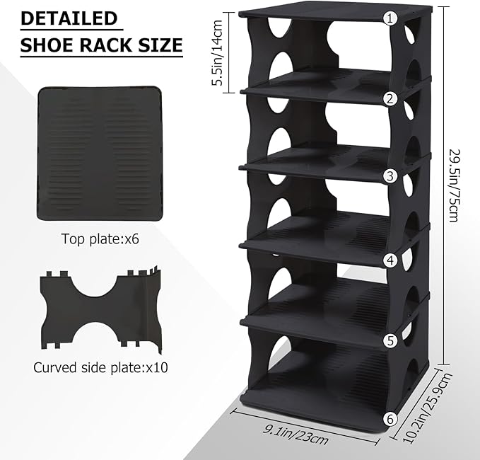 6-Tier Thickened Shoe Rack, Stackable Storage Organizer for Bedroom Entry, Adjustable Rack, Shoe Slots Shelf, Easy Tower Rack, Black
