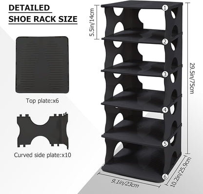 6-Tier Thickened Shoe Rack, Stackable Storage Organizer for Bedroom Entry, Adjustable Rack, Shoe Slots Shelf, Easy Tower Rack, Black