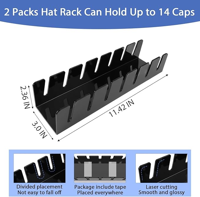 Hat Organizer for Baseball Caps 2Pcs No Install Acrylic Hat Racks for 14 Baseball Caps Storage Organizer for Closet, Bedroom, Dresser, Office Display Holder Durable