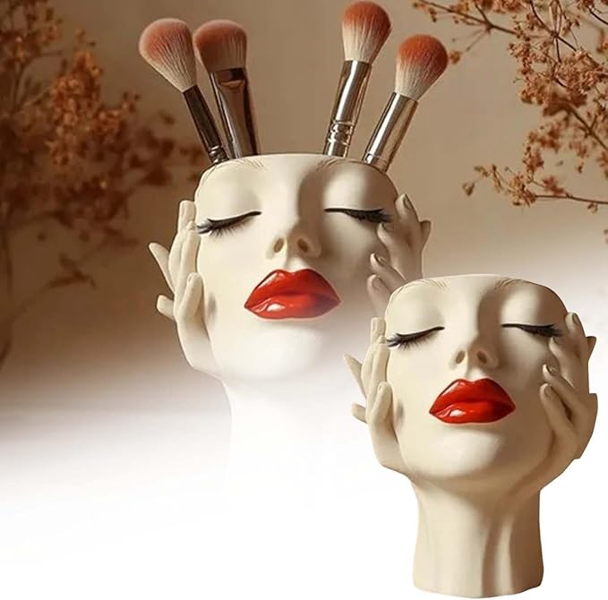 Women's Head Shape Boho Feminist Decoration, Minimalist Statue Storage Decor Face Makeup Brush Holder, Modern Statue Storage Makeup for Table Shelf Living Room Office (Beige 6.69 * 4.72 * 3.15in)